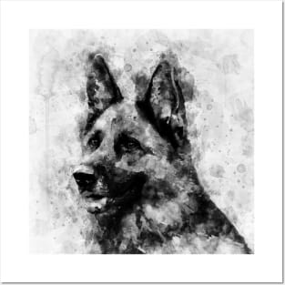 German Shepherd Dog Black and White Watercolor 04 Posters and Art